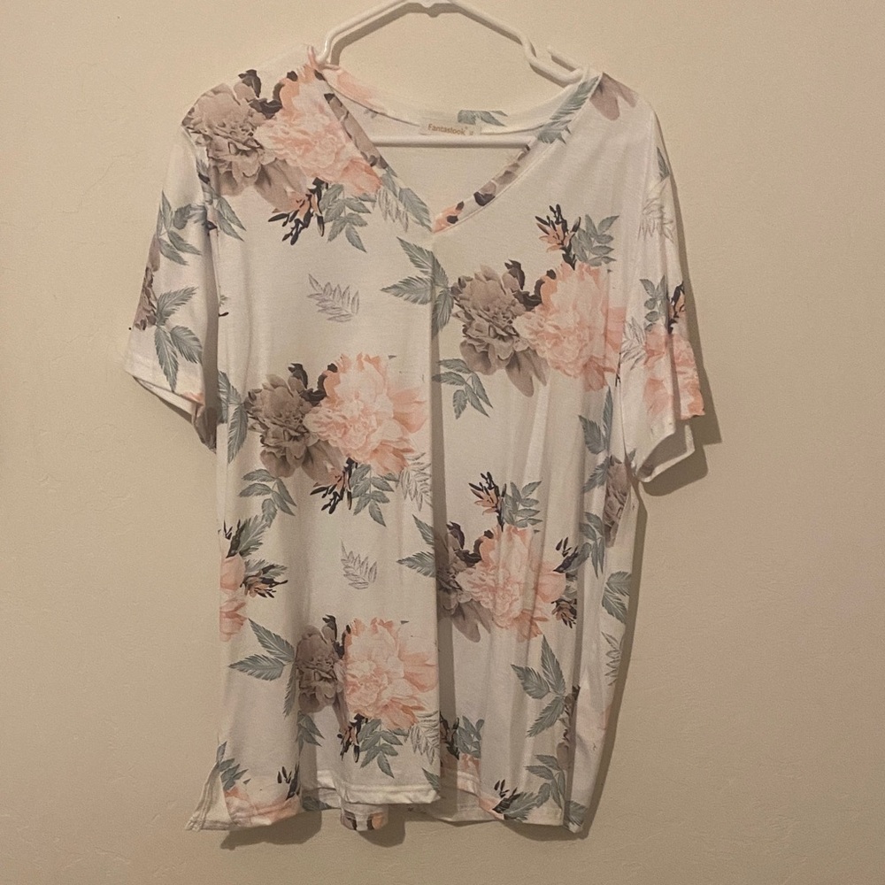 Floral V-Neck Blouse - White and Pink